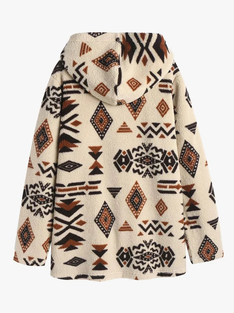 Detailed shot of the unique Aztec pattern on this women's vintage style jacket, a fashionable outerwear choice.