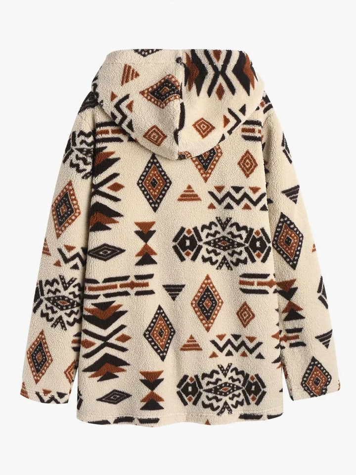 Detailed shot of the unique Aztec pattern on this women's vintage style jacket, a fashionable outerwear choice.
