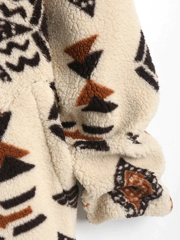 Full length view of a unique women's vintage Aztec print jacket, perfect for stylish boho chic outerwear fashion.