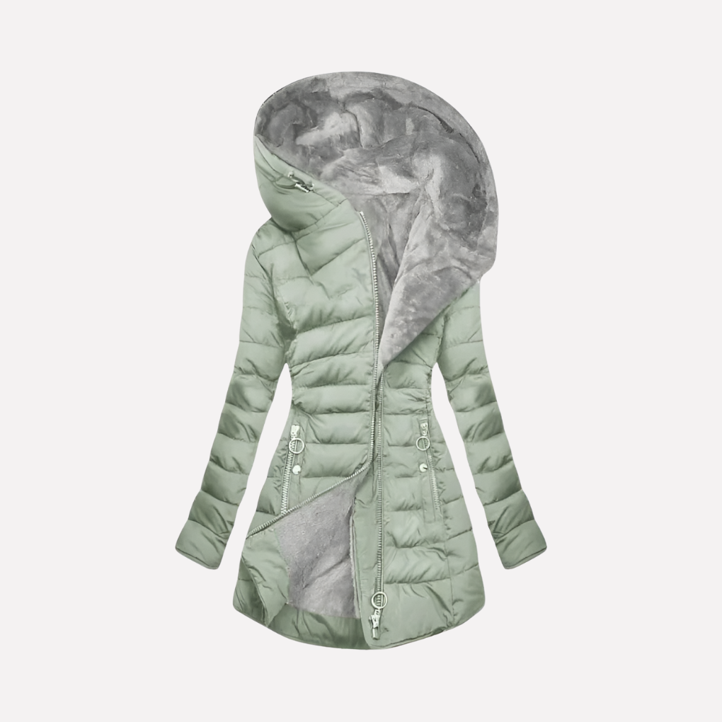 Stylish women's warm mid-length winter coat with hood, front zipper, perfect for cold weather daily wear & everyday fashion.