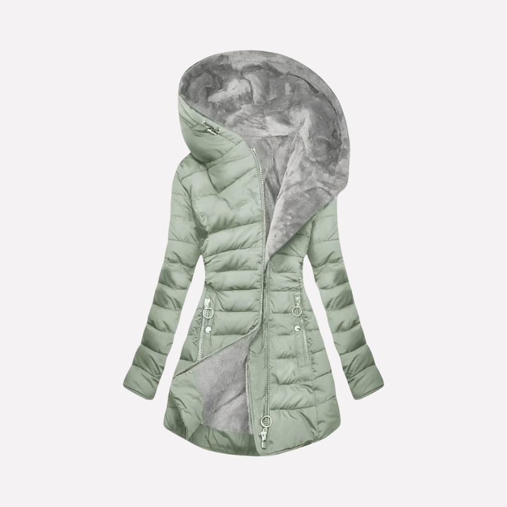 Stylish women's warm mid-length winter coat with hood, front zipper, perfect for cold weather daily wear & everyday fashion.