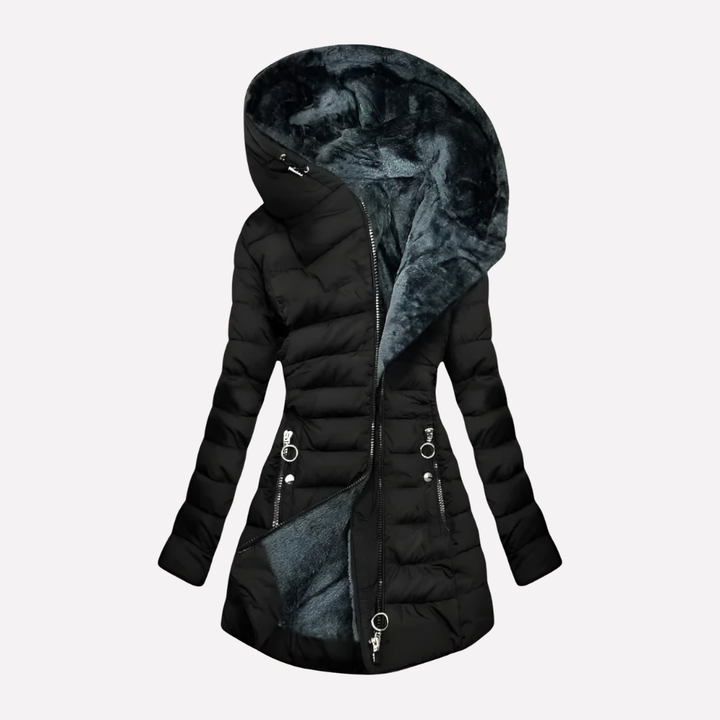 Cozy women's hooded winter coat, mid-length, with a practical front zipper. Ideal warm outerwear for fall & winter.
