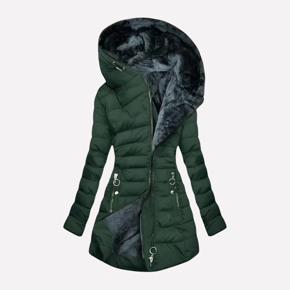 Elegant women's warm winter jacket, mid-length, featuring a protective hood & full zipper. Great for daily cold weather fashion.
