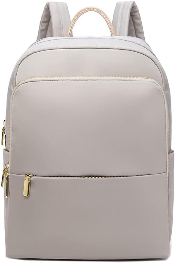 Grey women's fashion laptop backpack, waterproof for school and professional settings.