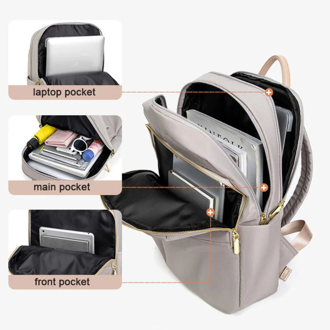 Durable women's waterproof laptop backpack, great for school, travel, and daily use.