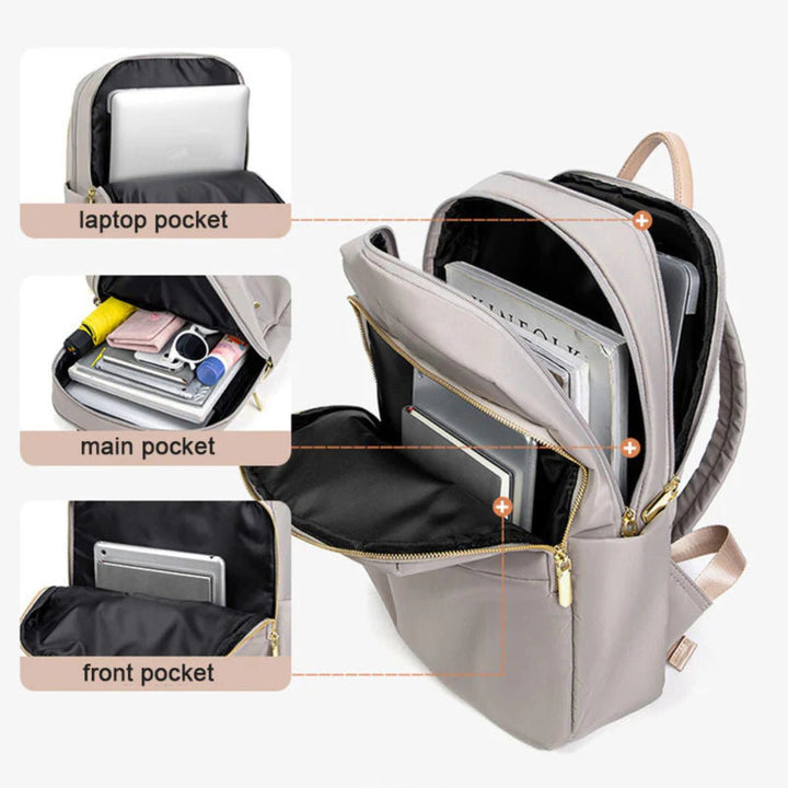 Durable women's waterproof laptop backpack, great for school, travel, and daily use.