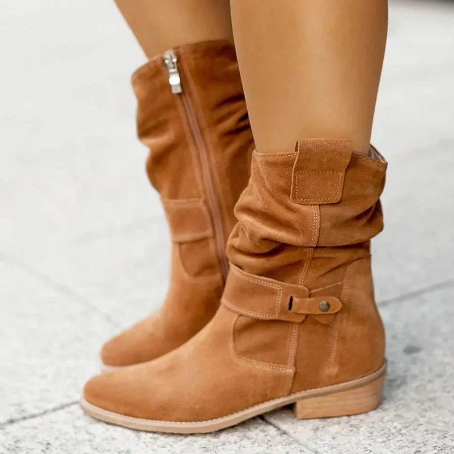 Classic western style women's ankle boots featuring prominent buckles and a comfortable low heel design.