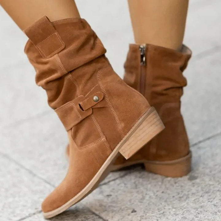 Comfortable women's casual ankle boots with western buckles, side zip, and low heel, perfect for daily fashion.