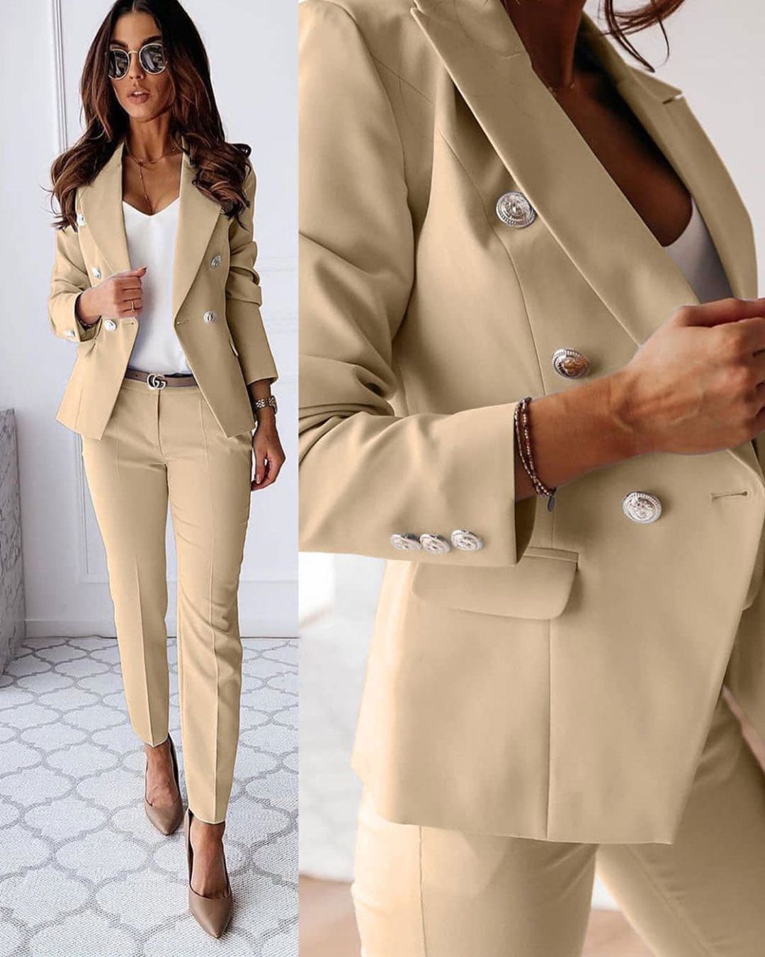 Stylish women's double-breasted suit with metallic buttons and tailored fit; perfect for corporate or formal settings.