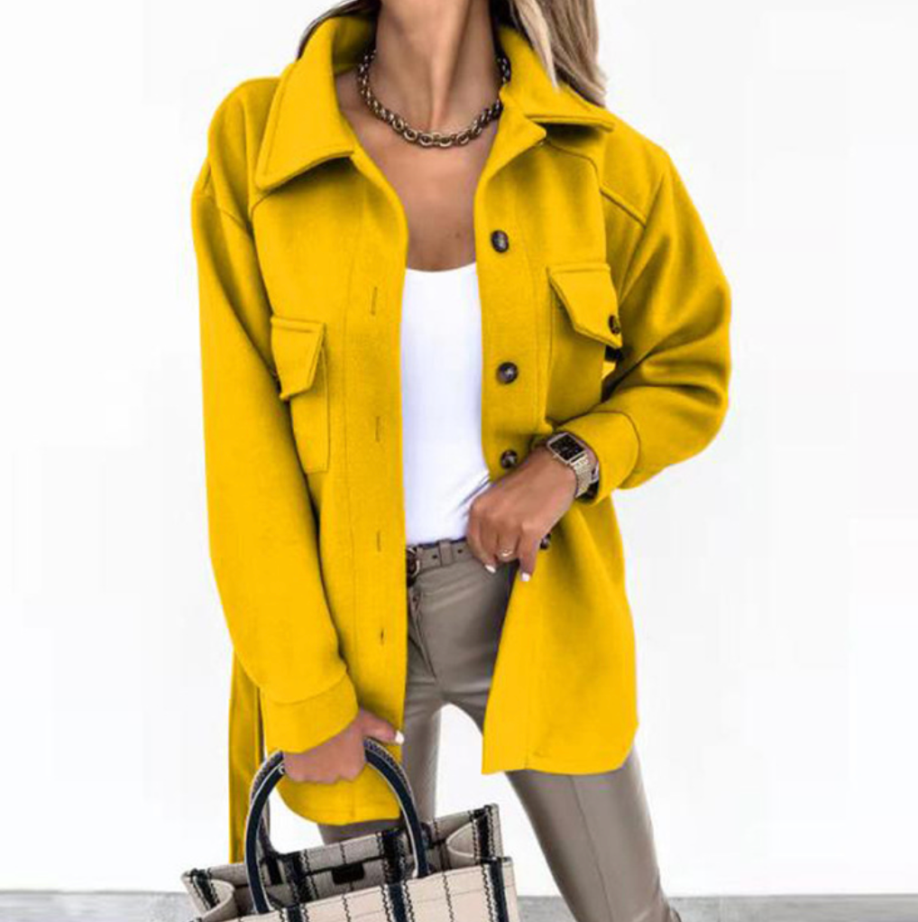 "Stylish women's mid-season jacket with slim fit, zip closure, in spring shades enhancing a chic and modern silhouette."