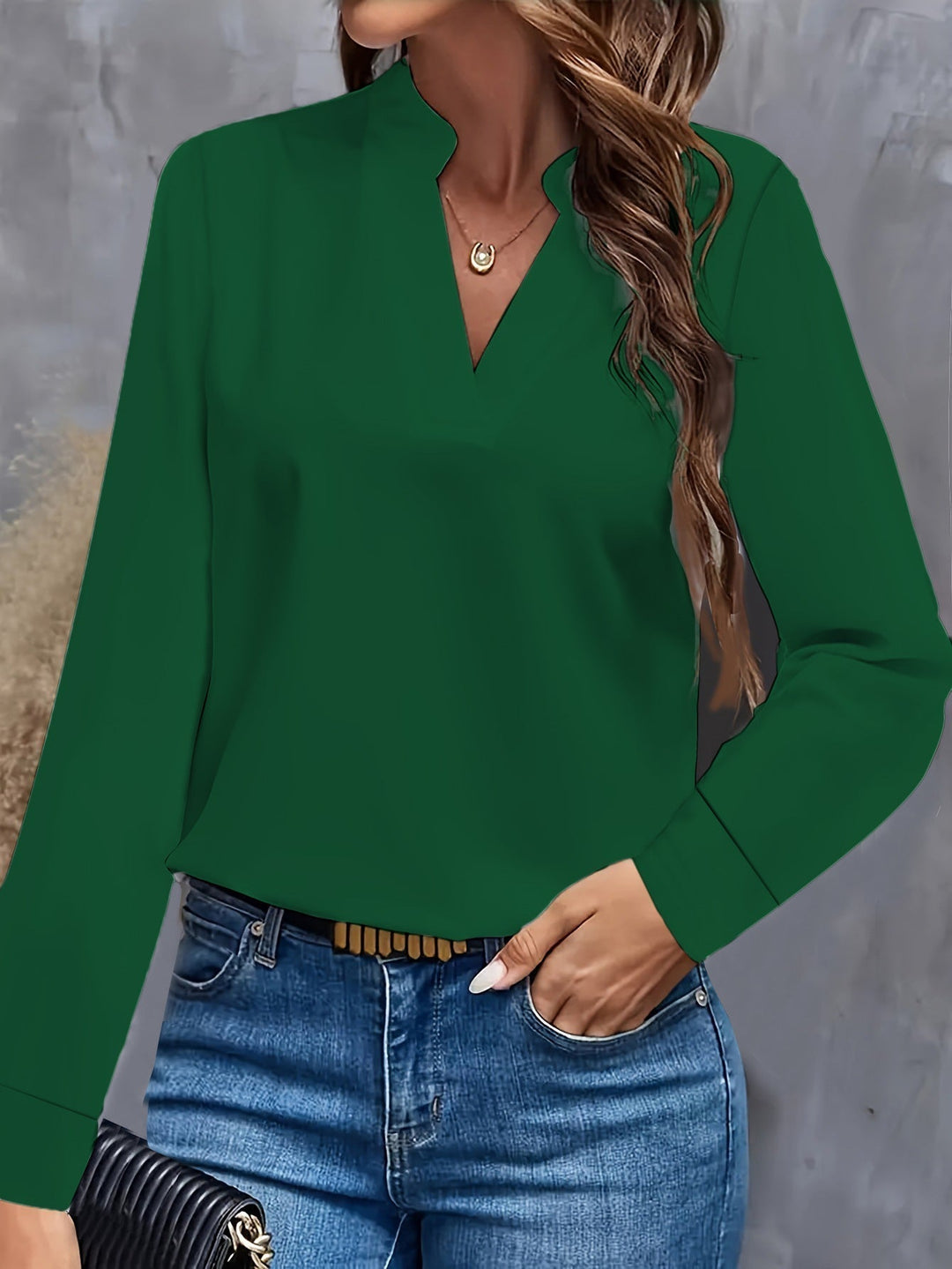 "Stylish women's V-neck blouse, light flowy fit, flattering silhouette, versatile for casual or formal occasions."