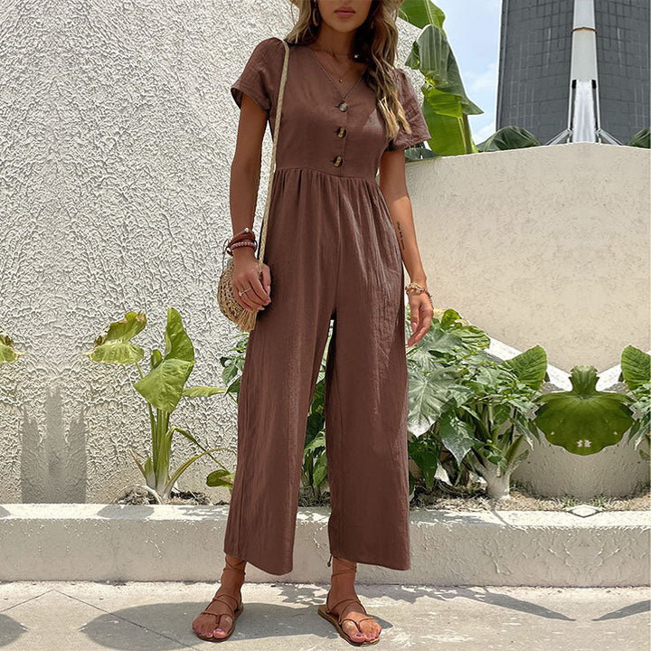 "Stylish women's wide leg linen jumpsuit with button-front, relaxed fit, perfect for summer casual outings."