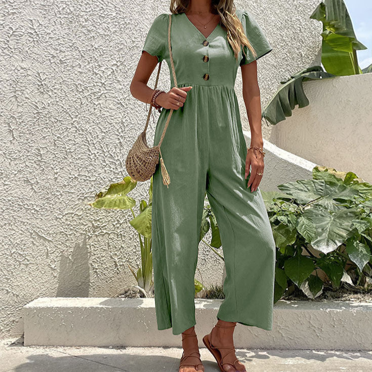 "Stylish women's wide leg linen jumpsuit with button-front, relaxed fit, perfect for summer casual outings."