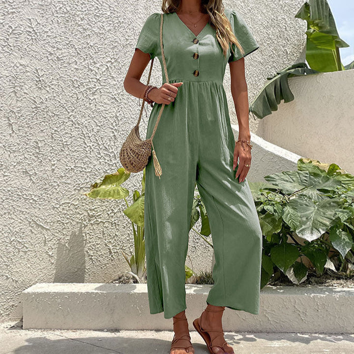 "Stylish women's wide leg linen jumpsuit with button-front, relaxed fit, perfect for summer casual outings."