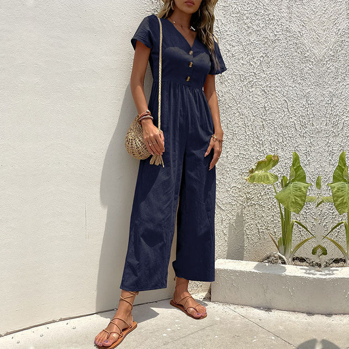 "Stylish women's wide leg linen jumpsuit with button-front, relaxed fit, perfect for summer casual outings."