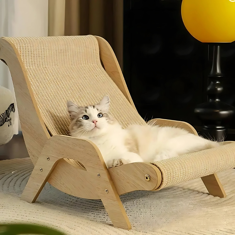"Stylish wooden cat scratcher lounge chair with durable sisal surface, modern design, perfect for scratching and lounging."