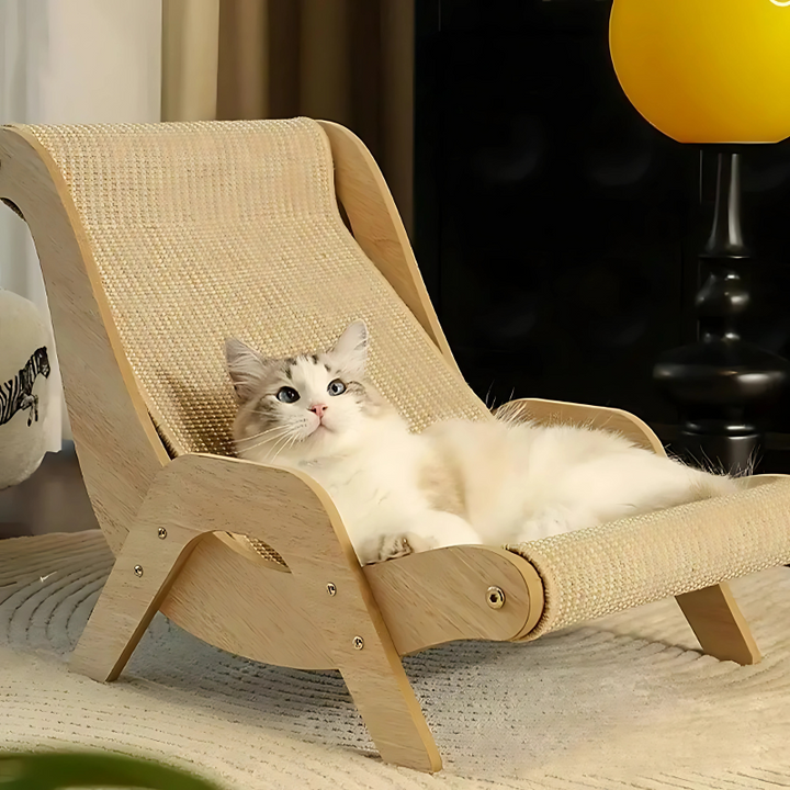 "Stylish wooden cat scratcher lounge chair with durable sisal surface, modern design, perfect for scratching and lounging."