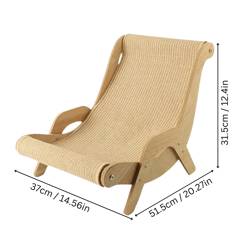 "Stylish wooden cat scratcher lounge chair with durable sisal surface, modern design, perfect for scratching and lounging."