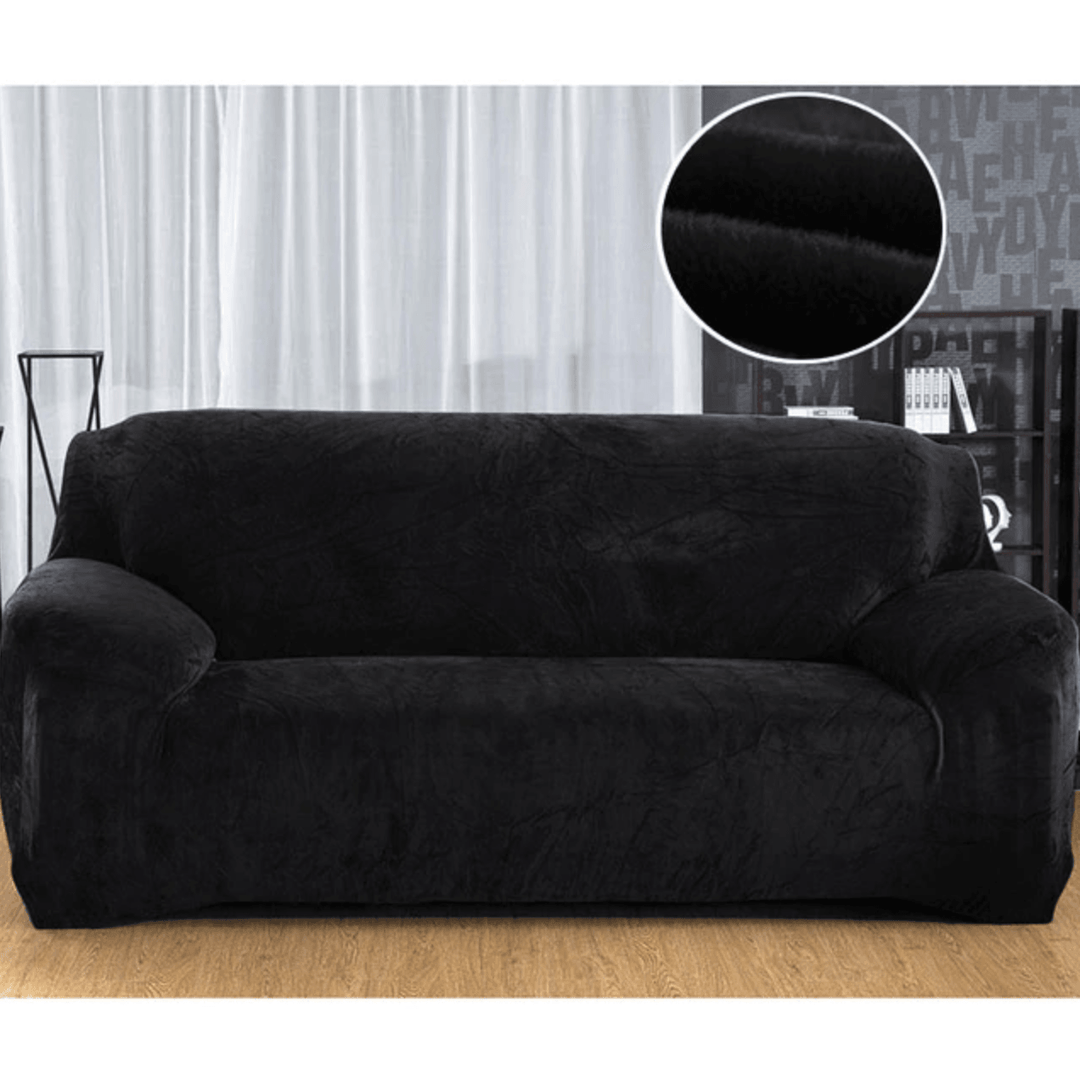 "Super comfy polyester spandex sofa cover, universal fit, cream color, snug for all sofa types, protects against wear."