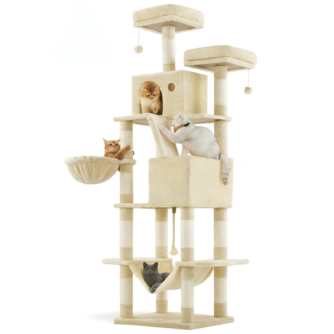"Tall plush cat tree with multiple levels, sisal posts, cosy napping spaces, and dangling toy, perfect for feline fun."