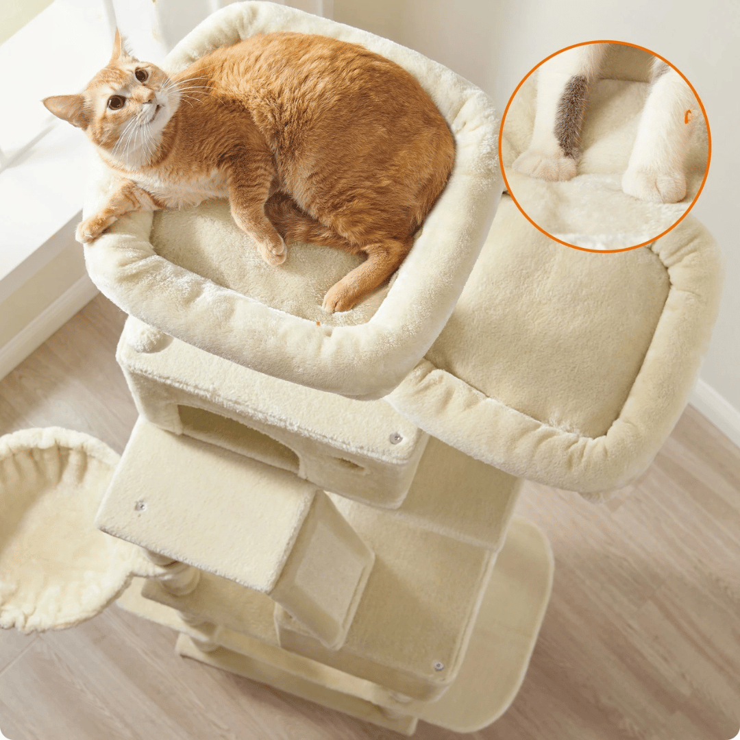 "Tall plush cat tree with multiple levels, sisal posts, cosy napping spaces, and dangling toy, perfect for feline fun."