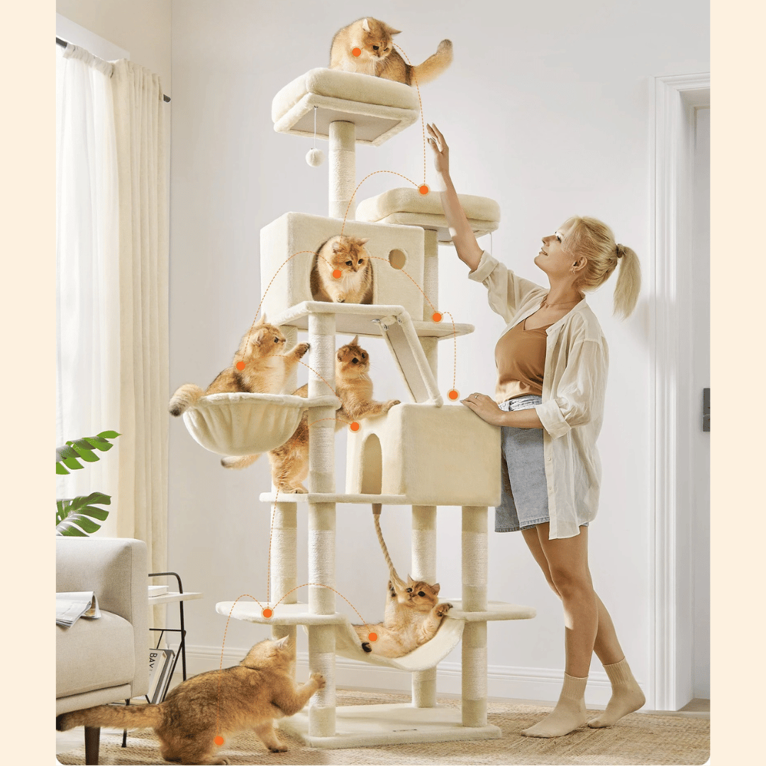"Tall plush cat tree with multiple levels, sisal posts, cosy napping spaces, and dangling toy, perfect for feline fun."