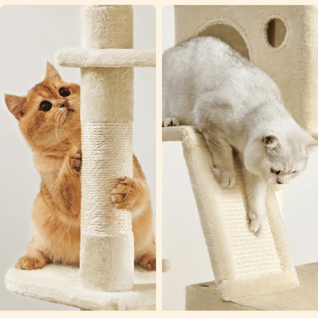 "Tall plush cat tree with multiple levels, sisal posts, cosy napping spaces, and dangling toy, perfect for feline fun."