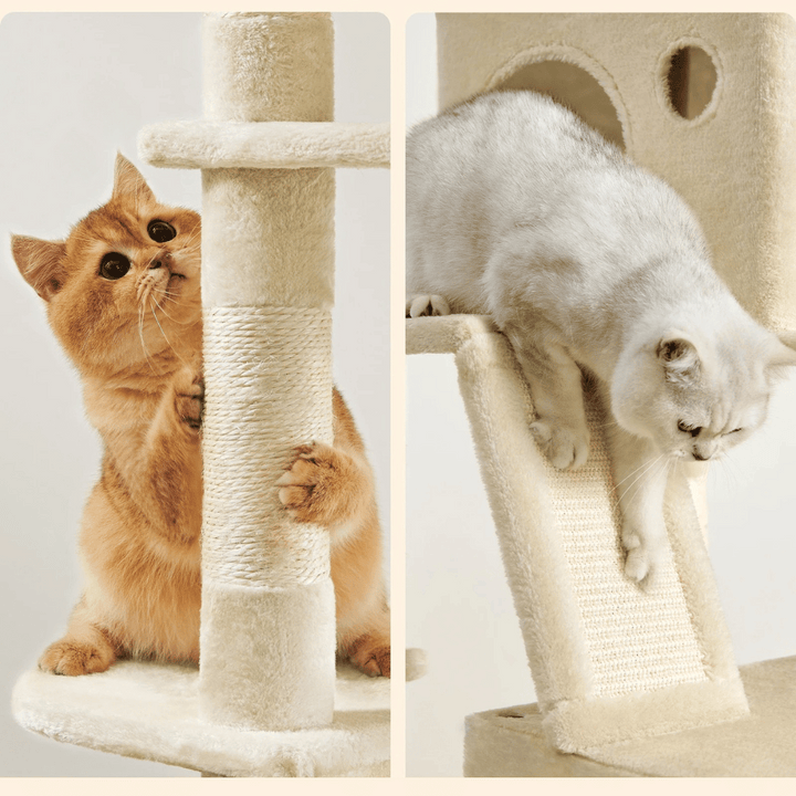 "Tall plush cat tree with multiple levels, sisal posts, cosy napping spaces, and dangling toy, perfect for feline fun."