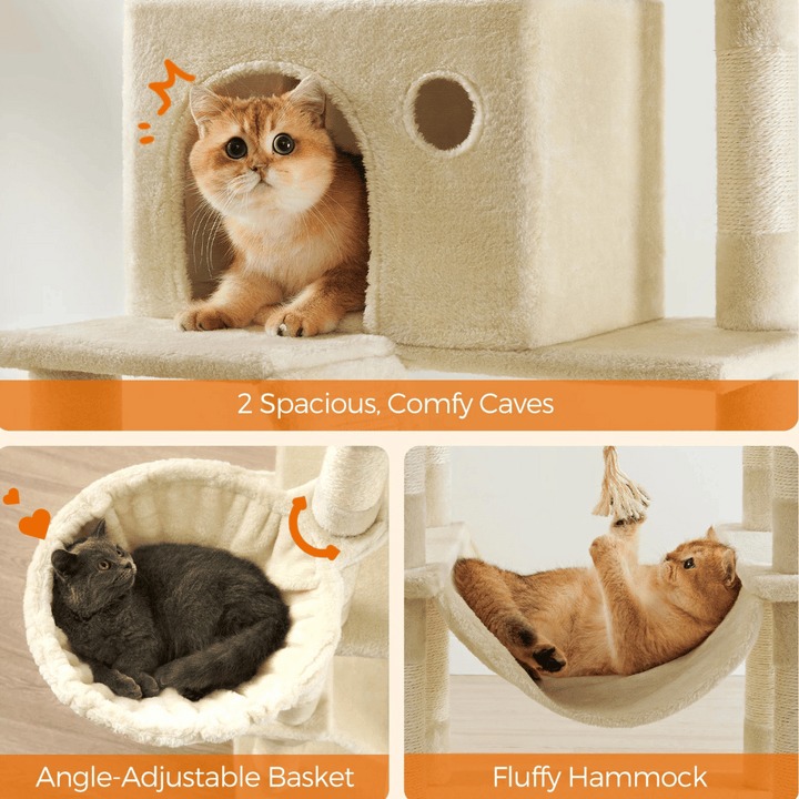 "Tall plush cat tree with multiple levels, sisal posts, cosy napping spaces, and dangling toy, perfect for feline fun."
