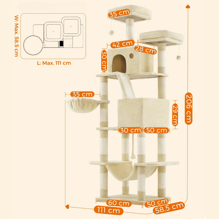 "Tall plush cat tree with multiple levels, sisal posts, cosy napping spaces, and dangling toy, perfect for feline fun."