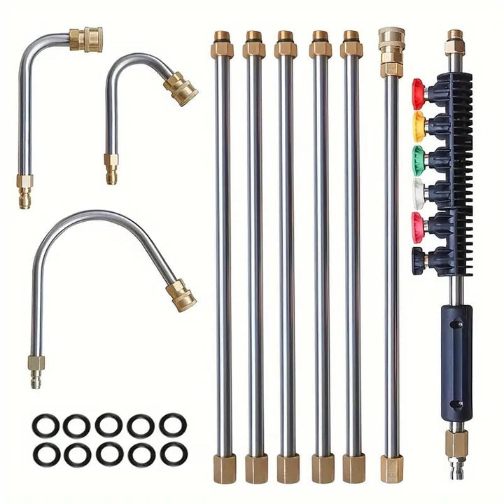 "Telescoping high pressure washer wand set, 4000 PSI, extends 24 ft, cleans roofs & gutters, brass & stainless steel design."