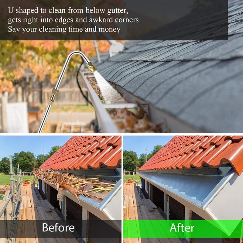 "Telescoping high pressure washer wand set, 4000 PSI, extends 24 ft, cleans roofs & gutters, brass & stainless steel design."