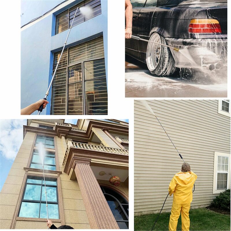 "Telescoping high pressure washer wand set, 4000 PSI, extends 24 ft, cleans roofs & gutters, brass & stainless steel design."