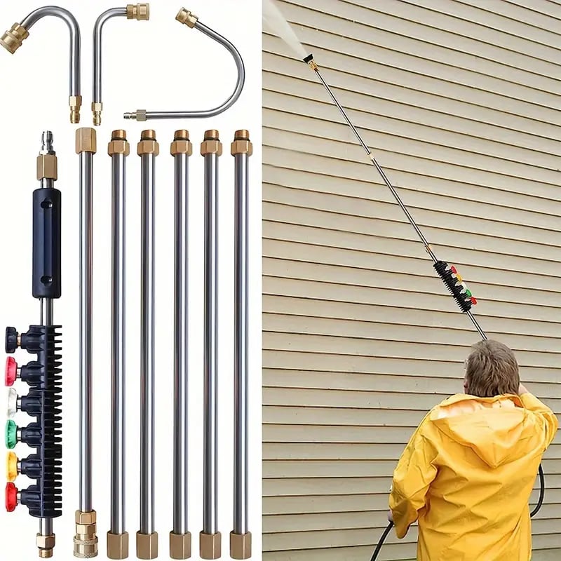 "Telescoping high pressure washer wand set, 4000 PSI, extends 24 ft, cleans roofs & gutters, brass & stainless steel design."