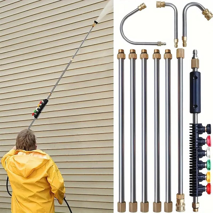 "Telescoping high pressure washer wand set, 4000 PSI, extends 24 ft, cleans roofs & gutters, brass & stainless steel design."
