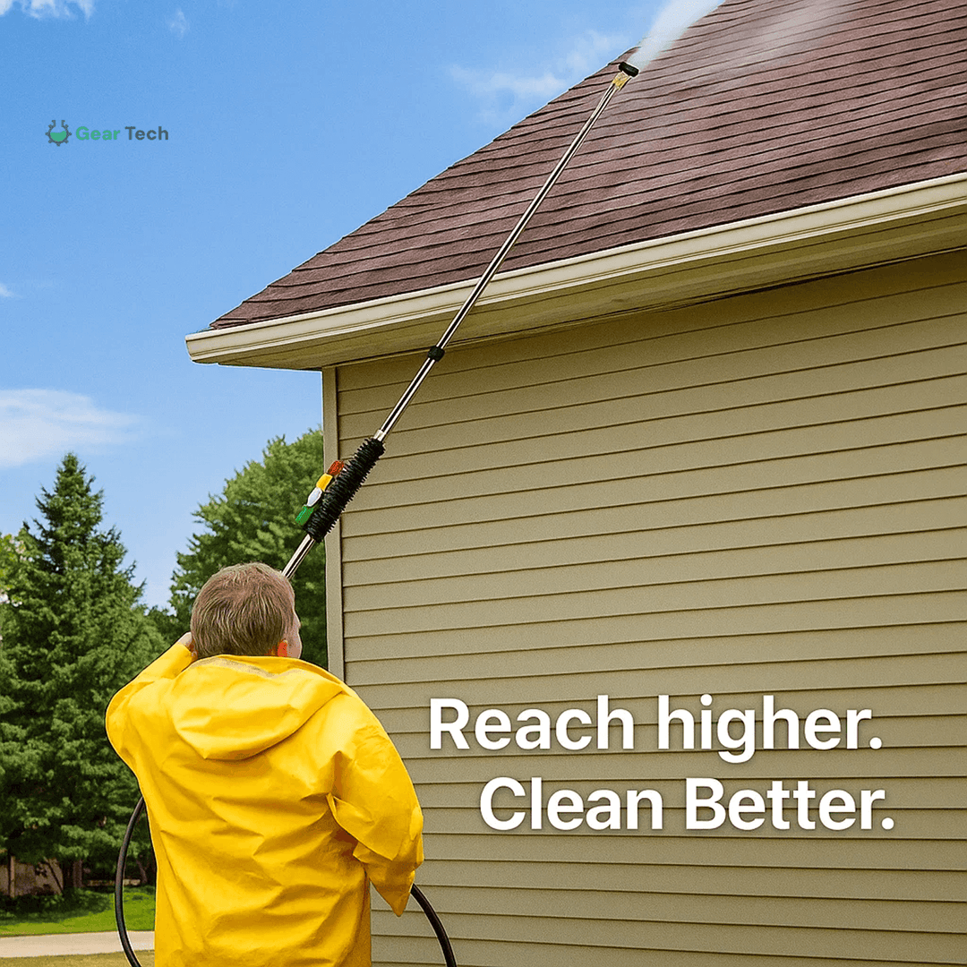 "Telescoping high pressure washer wand set, 4000 PSI, extends 24 ft, cleans roofs & gutters, brass & stainless steel design."