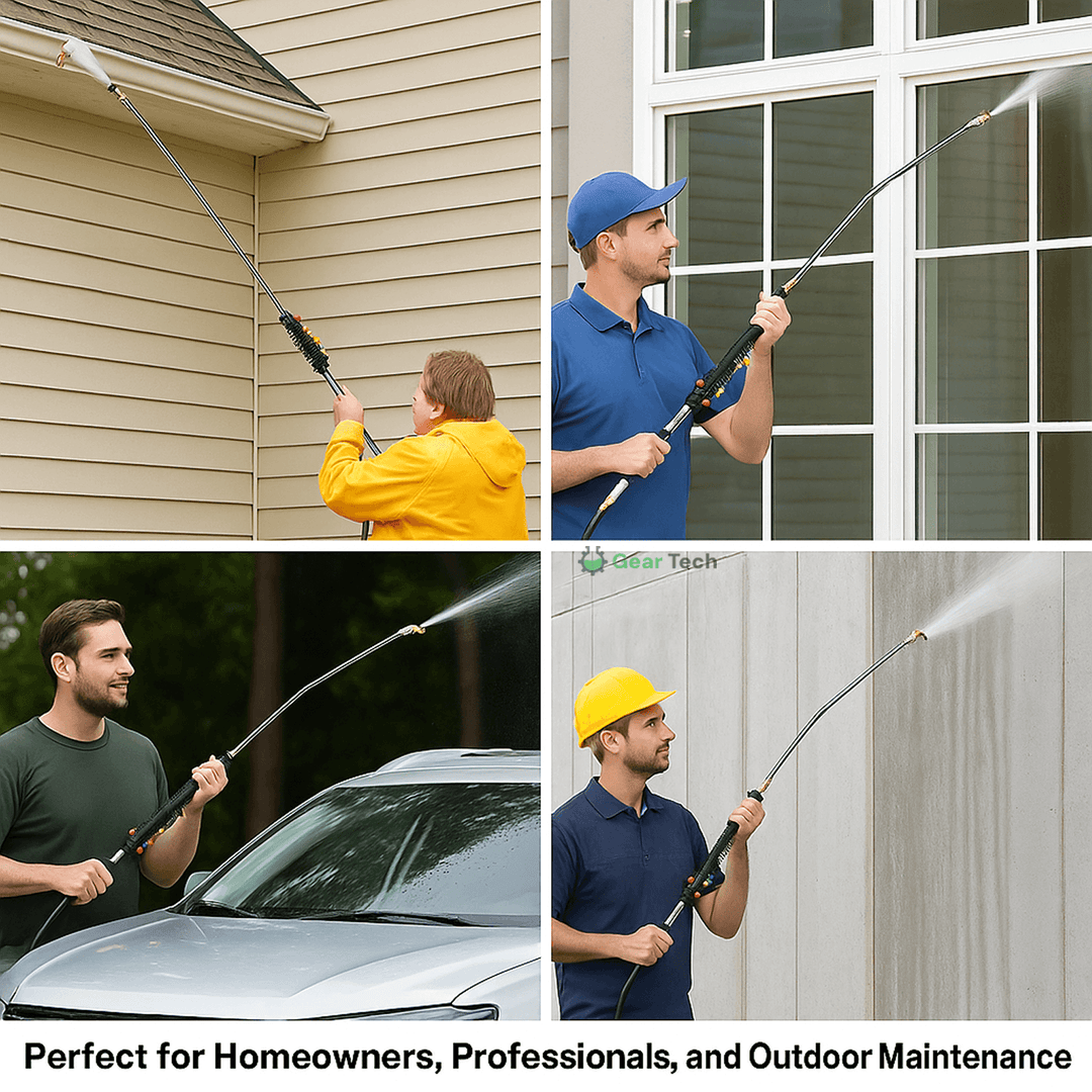 "Telescoping high pressure washer wand set, 4000 PSI, extends 24 ft, cleans roofs & gutters, brass & stainless steel design."