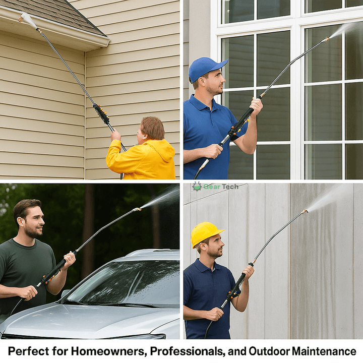 "Telescoping high pressure washer wand set, 4000 PSI, extends 24 ft, cleans roofs & gutters, brass & stainless steel design."