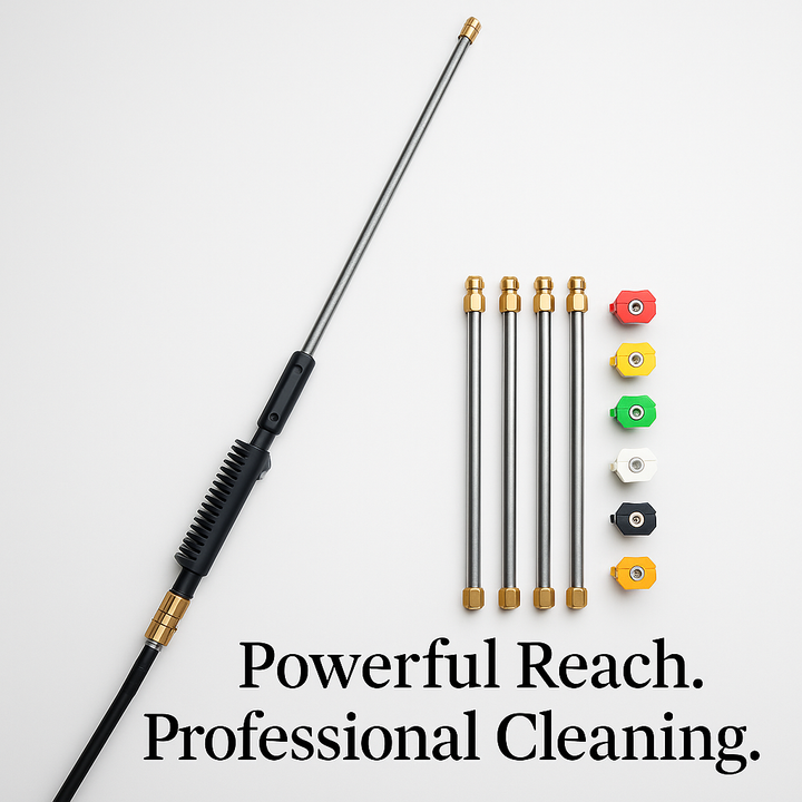 "Telescoping high pressure washer wand set, 4000 PSI, extends 24 ft, cleans roofs & gutters, brass & stainless steel design."