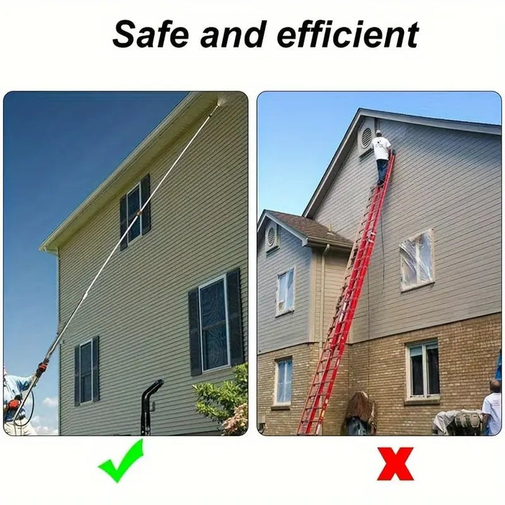 "Telescoping high pressure washer wand set, 4000 PSI, extends 24 ft, cleans roofs & gutters, brass & stainless steel design."