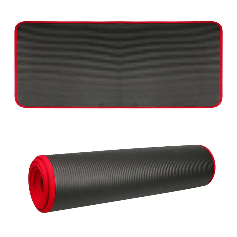 Rolled-up thick non-slip yoga mat, ready for transport or storage in your home gym. Comfort & stability on the go.