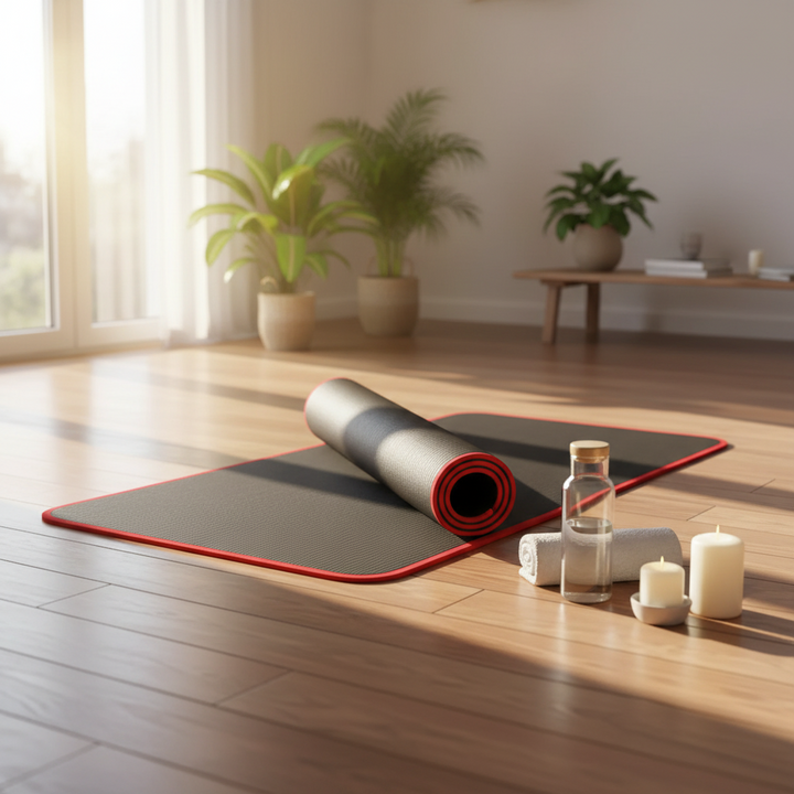 Unisex thick yoga mat, non-slip surface ensures stability for poses. Ideal for home gym stretching & exercise.