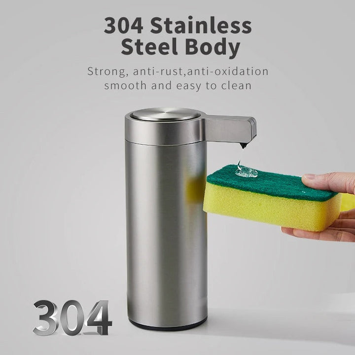 Touchless stainless steel soap dispenser with sleek design and motion sensor, suitable for kitchen and bathroom use.