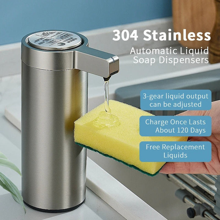 Touchless stainless steel soap dispenser with sleek design and motion sensor, suitable for kitchen and bathroom use.