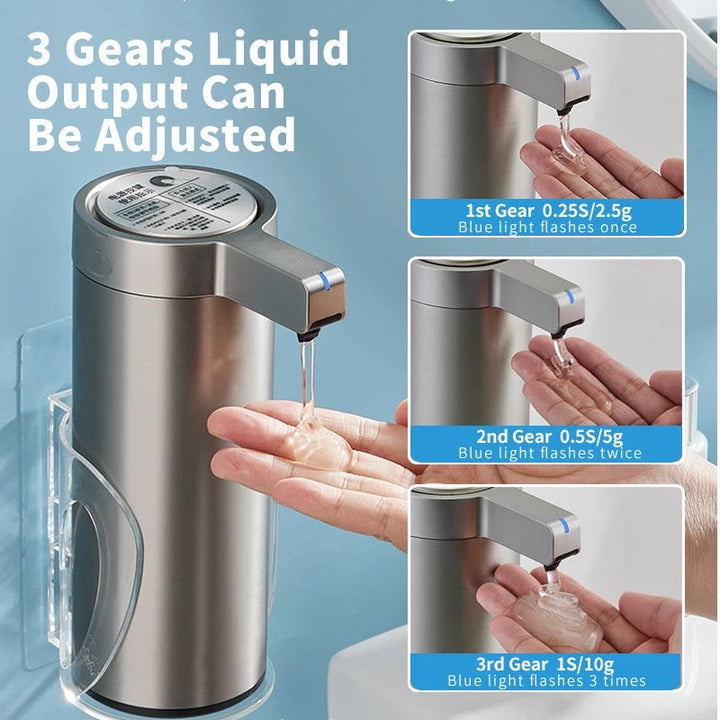 Touchless stainless steel soap dispenser with sleek design and motion sensor, suitable for kitchen and bathroom use.
