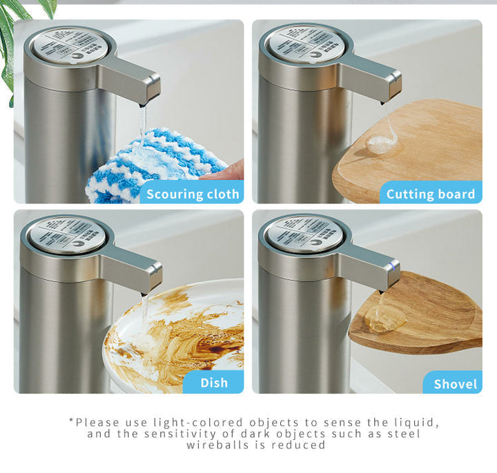 Touchless stainless steel soap dispenser with sleek design and motion sensor, suitable for kitchen and bathroom use.