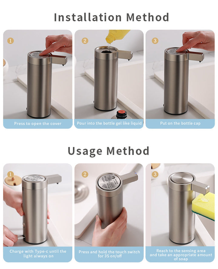 Touchless stainless steel soap dispenser with sleek design and motion sensor, suitable for kitchen and bathroom use.
