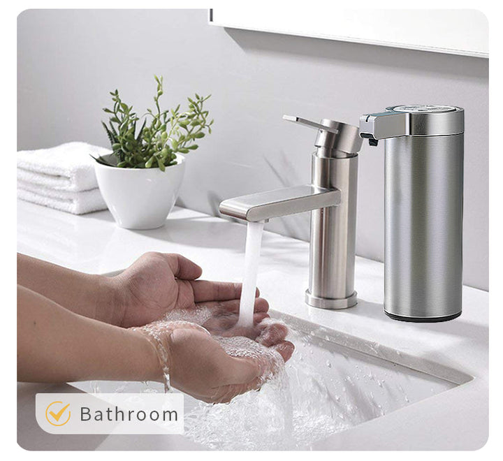 Touchless stainless steel soap dispenser with sleek design and motion sensor, suitable for kitchen and bathroom use.