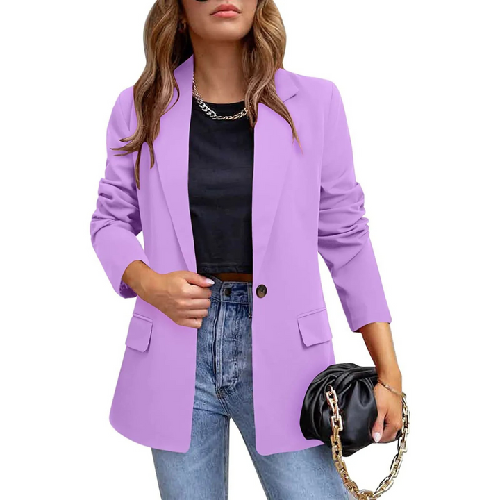 Trendy purple slim fit blazer for women, perfect for chic business casual or stylish workwear.
