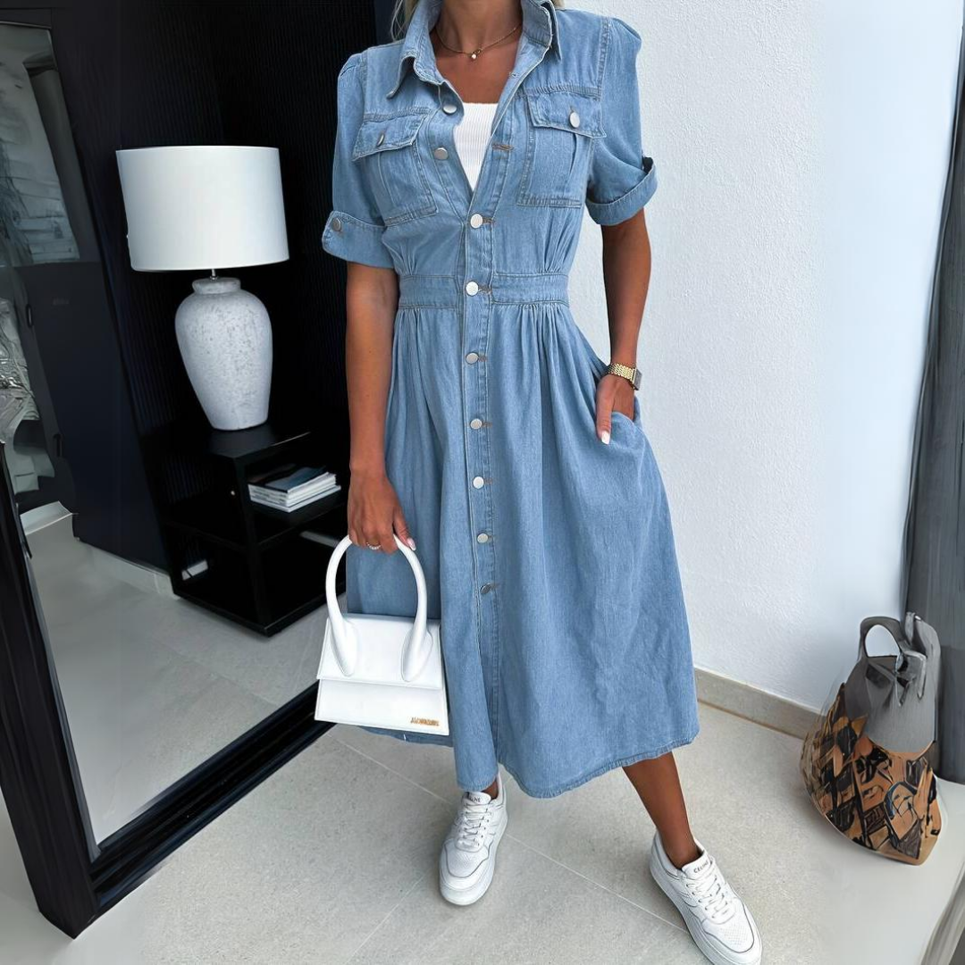 Trendy Women's DenimCharm short sleeve button-front dress. Stylish & comfortable casual summer wear.